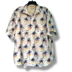 Tommy Bahama Shirt Mens‎ XL Blue Palm Tree Linen Hawaiian Button Up Tropical